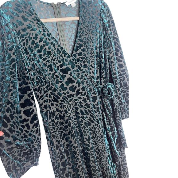 Calvin Klein 8 Burnout Velvet Animal Print Long Sleeve Wrap Dress Teal Green - Picture 4 of 11